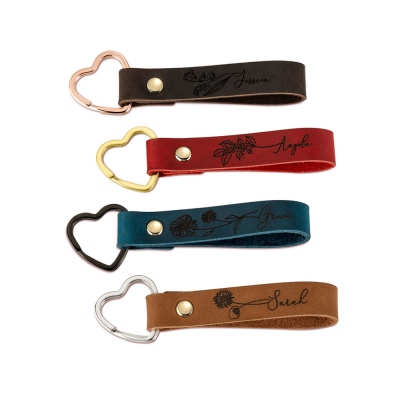 Custom Name Birth Flower Keychain, Cowhide Leather Keyring for Tote, Purse, Bag, Bridesmaid/BFF Gift, Birthday/Mother's Day/Christmas Gift for Women