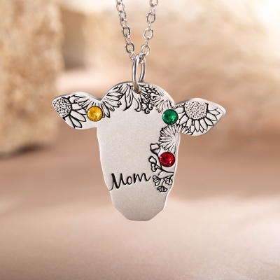 Custom Name and Birthstone Cow Necklace, Retro Bohemian Vintage Necklace, Cow Gifts for Women/Girls, Western Jewelry for Cowgirl