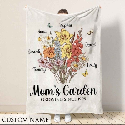 Personalized Mom's Garden Blanket with Name & Birth Flower, Floral Garden Blanket, Birthday/Mother's Day Gift for Mom/Grandma from Kids/Grandkids