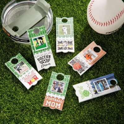 Personalized Tumbler Topper, Set of 2, Custom Photo Name Plate Cup Tag, Baseball Football Soccer Tumbler Topper, Gift for Sports Mom/Family/Friends