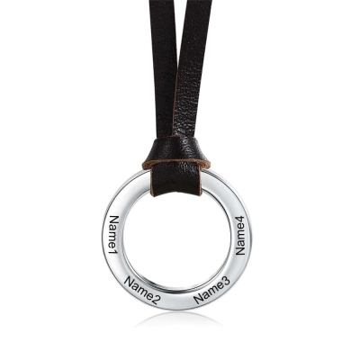 Collier pendentif cercle 4 noms gravés personnalisés avec bracelet en cuir, collier pour hommes cerceau de noms de famille S925, cadeau de fête des pères/anniversaire pour papa/lui