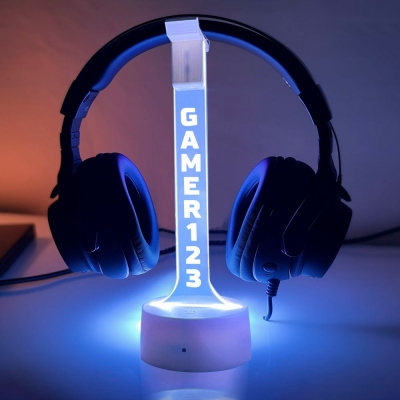 Personligt Gamertag hörlursställ, valfritt användarnamn/flerfärgad akrylheadsethållare, speltillbehör, present till spelare/pappa/män/pojkvän