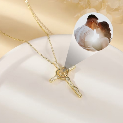 Collier personnalisé en forme de cœur avec projection de croix de pierres précieuses, je t'aime en 100 langues, collier chrétien en argent sterling 925, cadeau pour maman/grand-mère/amant