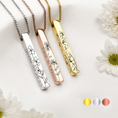 Nom personnalisé Fleur de naissance gravée 4 côtés Bar Collier, Collier de famille, Bijoux pour femmes, Anniversaire/Anniversaire/Cadeau de fête des mères pour elle