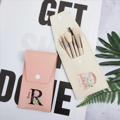 Personalized Leather Makeup Brush Bag with 8 Pcs Brushes, Custom Initial & Name Floral Cosmetic Bag, Birthday/Wedding Gift for Mom/Sister/Friend