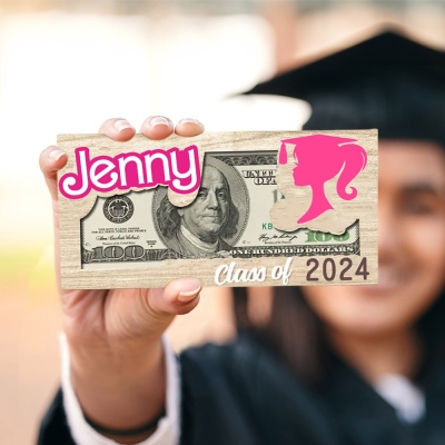 Porte-monnaie poupée rose avec nom personnalisé, enveloppe cadeau en argent personnalisée, tirelire en bois, cadeau d'anniversaire/obtention du diplôme/Noël pour filles/adolescents/famille