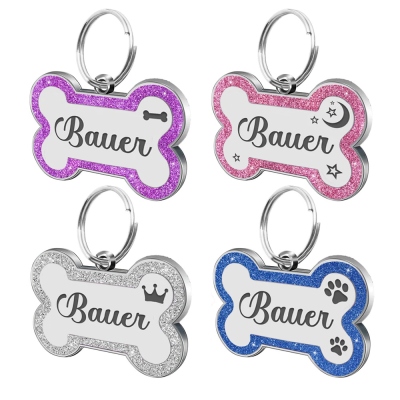 Étiquette de chien à paillettes avec nom personnalisé, étiquette d'identification d'animal de compagnie en forme d'os gravé en acier inoxydable, étiquette de collier de chien de chiot, cadeau pour amoureux/propriétaire d'animaux de compagnie