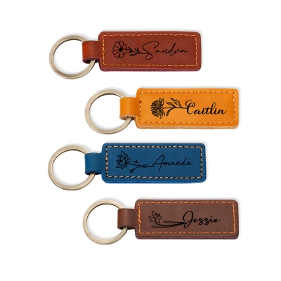 Personalized Name Birth Flower Keychain, Custom Leather Keychain, Best Friend Gifts, Bridesmaid Gifts, Birthday Gifts for Sister/Family/Her