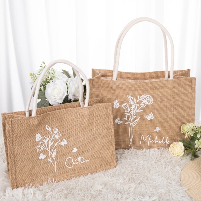 Custom Birth Flower Butterfly Burlap Tote Bag with Name, Bachelorette Jute Bag with Handle, Bridesmaid Bridal Shower/Wedding Party Gift for Her