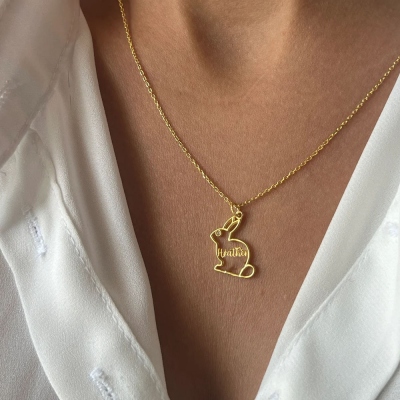Collier de lapin personnalisé, nom personnalisé et collier pendentif lapin pierre de naissance, bijoux en argent sterling 925, cadeau minimaliste/Pâques pour femmes/filles