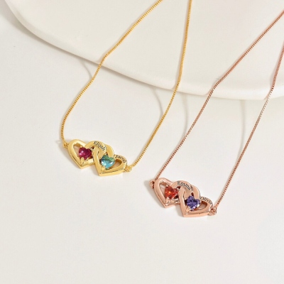 Collier personnalisé avec nom de cœur imbriqué, collier double cœur avec noms gravés et pierres de naissance, cadeau de Saint-Valentin/anniversaire pour couple/amoureux