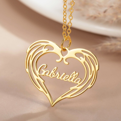 Custom Heart Name Necklace with Guardian Angel Wings, Sterling Silver Jewelry, Memorial Jewelry, Valentine's Day/Mother's Day Gift for Wife/Mom/Her