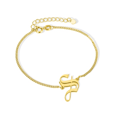 Personalized Old English Initial Bracelet, Sterling Silver Curb Chain Bangle, Gothic Jewelry, Mother's Day/Valentine's Day Gifts, Gifts for Women/Her