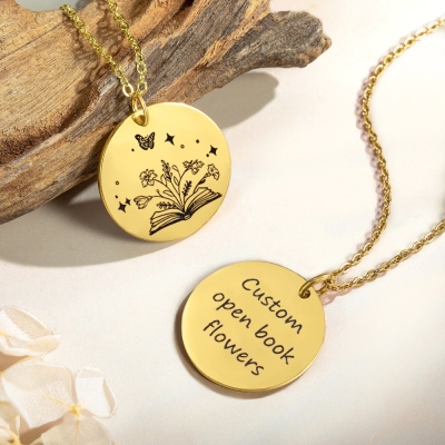 Personalized Birth Flower Bouquet & Book Necklace, Grow in Knowledge Open Book Flower Pendant, Gift for Teacher/Mother/Grandma/Sister/Book Lover