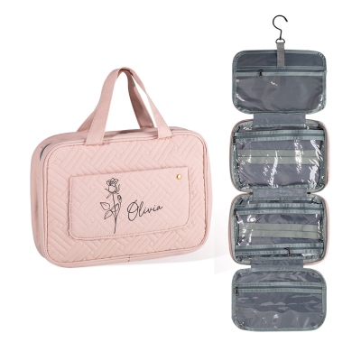 Personalized Name and Birth Flower Cosmetic Travel Bag, Foldable Make up Organizer, Makeup Bag, Hanging Toiletry Bag for Women, Weekender Bag