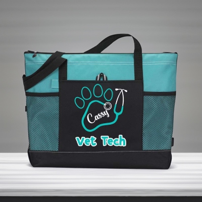 Sac fourre-tout personnalisé pour stéthoscope Vet Tech, sac fourre-tout avec nom personnalisé avec empreinte de patte, grand sac à fermeture éclair, cadeau de la semaine Vet Tech, cadeau pour vétérinaire/amoureux des animaux de compagnie