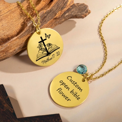 Custom Engraved Open Bible Cross Necklace with Birth Flower, Grow in Knowledge Cross Birthstone Necklace, Baptism/Spiritual Gift for Family/Friends