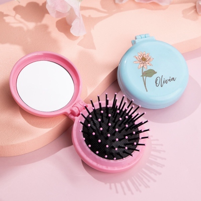 Custom Name Birth Flower Air Cushion & Mirror Comb, Travel Mini Foldable Hair Brush with Mirror, Beauty Salon Favors, Birthday/Bridesmaid Gift for Her