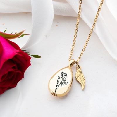Collier d'urne personnalisé en forme de goutte de fleur de naissance pour cendres, collier commémoratif d'urne pour animaux de compagnie avec aile, bijoux de crémation, souvenir commémoratif, cadeau pour elle/amoureux des animaux de compagnie