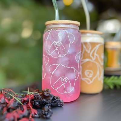 Custom Pet Name & Portrait Glass Cup, 16oz Tumbler with Straw & Bamboo Lid, Pet Portrait Drawn Coffee Cup Can Glass, Gift for Pet Lover/Dog & Cat Mom