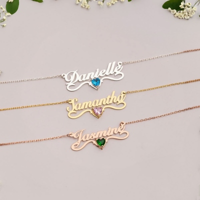 Collier prénom personnalisé avec pierre de naissance cœur, bijoux en argent sterling 925 avec pierre de naissance, cadeau de Saint-Valentin/anniversaire/Noël pour elle