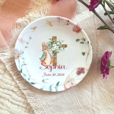 Plat personnalisé de baptême de lapin de Pâques, plat de bijoux en céramique, cadeau de baptême/dédicace du parrain, souvenir de filleule, cadeau de Pâques pour les filles