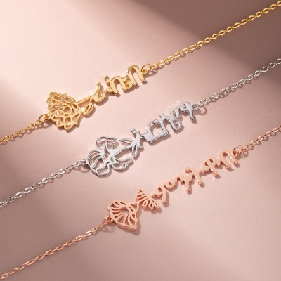 Personalized Amharic Name Necklace with Birth Flower, Sterling Silver 925 Ge'ez Script Name Pendant Necklace, Ethiopia Gift for Family/Friends