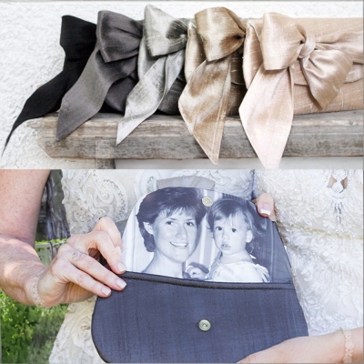 Pochette personnalisée avec nœud papillon en soie Dupioni avec doublure photo, pochette personnalisée pour mère de la mariée, accessoire photo quelque chose de vieux, cadeau de mariage pour maman