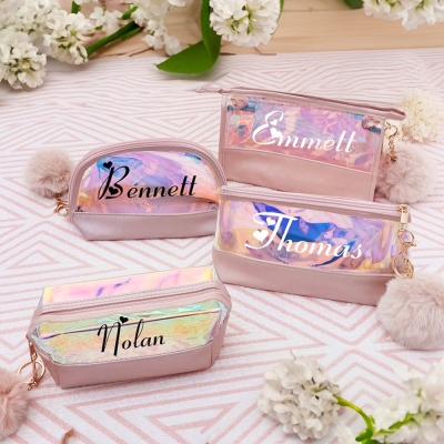 Trousse de maquillage holographique personnalisée, trousse de toilette de voyage, trousse de maquillage, cadeau de enterrement de vie de jeune fille, cadeau d'anniversaire/demoiselle d'honneur/mariage pour elle