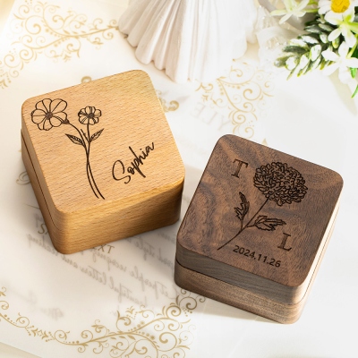 Boîte à bagues personnalisée avec fleur de naissance, support de bague de proposition de fiançailles gravé en bois pour 2 bagues, cadeau de mariage/Saint-Valentin pour couple/jeunes mariés