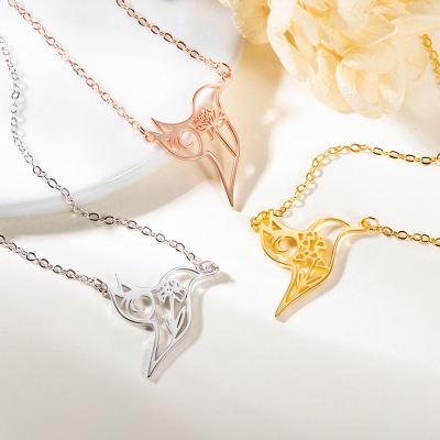 Custom Birth Flower Hummingbird Necklace, Hummingbird Jewelry, Bird Pendant Necklace, Women's Jewelry, Gift for Her, Valentine's Day/Birthday Gift