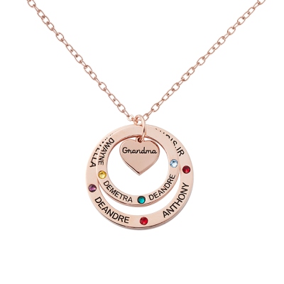 Birthstone Necklace with Heart & Ring Pendant, Necklace with Custom 1-7 Birthstones & Names, Jewelry for Grandma/Mother