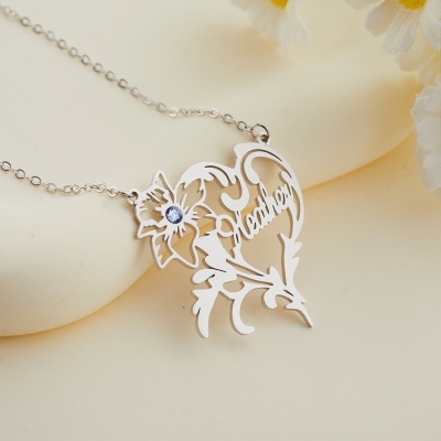 Custom Name Heart Necklace with Birthflower & Birthstone, Sterling Silver 925 Jewelry, Mother's Day/Birthday/Bridesmaid Gift for Mom/Her/Sister/Friend