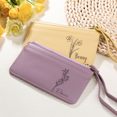 Personalized Birth Flower Zipped Card Holder with Name, Monogram Vegan Leather Coin Purse, Women's Wallet, Mother's Day/Bridesmaid Gift for Women