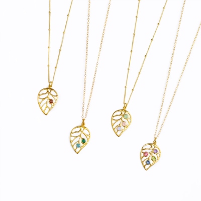 Custom Leaf Pendant Birthstone Necklace, Sterling Silver 925 Jewelry, 1-5 Birthstones Family Necklace, Birthday/Mother's Day Gift for Mom/Grandma