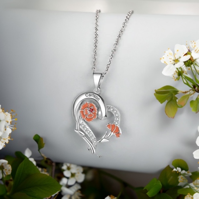 Personalized 3D Colorful Birth Flower Necklace, Custom Name Heart Floral Enamel Pendant, Sterling Silver Jewelry, Mother's Day/Birthday Gift for Her