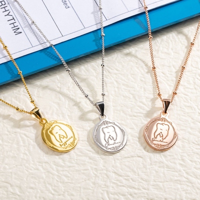 Personalized Tooth Signet Necklace, Custom Engraved Dental Tooth Pendant, Sterling Silver 925 Jewelry, Gift for Dentist/Doctor/Nurse/Hygenist