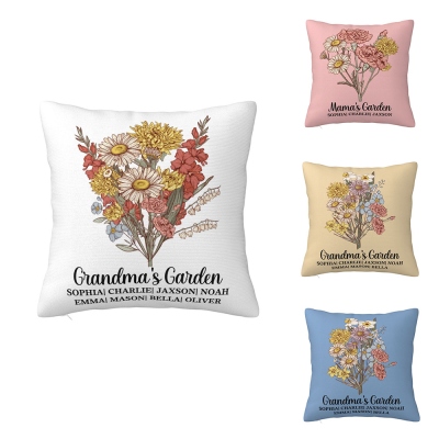 Personalized Grandma's Garden Pillow with Name, Custom Vintage Birth Flower Pillow Cover, Mother's Day/Birthday Gift for Mom/Grandmom/Grandkid