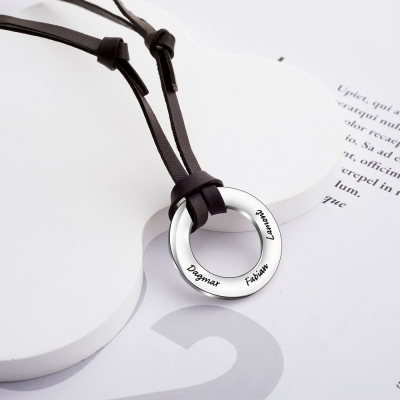 Custom Engraved 4 Names Circle Pendant Necklace with Leather Strap, S925 Family Names Hoop Men's Necklace, Father's Day/Anniversary Gift for Dad/Him