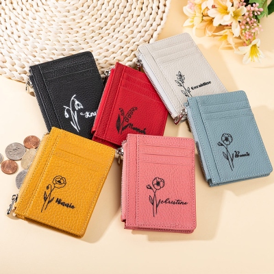 Customized Genuine Leather Birthday Flower Wallet, Personalized Small Coin Card Holder, Portable Coin Purse, Women's Wallet, Mother's Day Gift