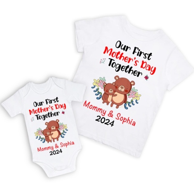 Personalized Animals/Pattern T-shirt and Baby Onesie, Our First Mother's Day Mom and Baby Set 100% Cotton, Holiday Party Gift for Newborn New Mom
