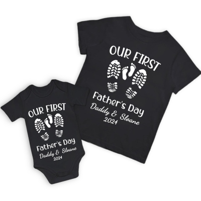 Personalized Name Footprint Parent-Child Shirts, Father Son Matching Shirts, Cotton T-Shirt and Bodysuit, Father's Day Gift, Gift for Dad/Newborn/Baby