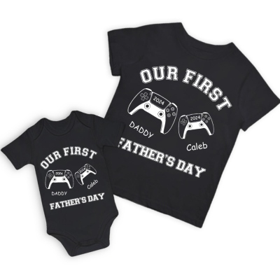 Customized Name Game Console Parent-child Shirt, Dad & Baby Matching Gaming Shirt, Cotton T-shirts/Rompers, Father's Day Gift for New Dads/Babys