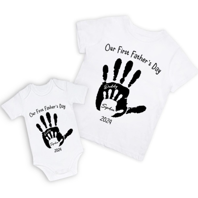 Custom Handprint Parent-Child T-Shirt, Our First Father's Day Together Shirt, Father & Baby Matching Shirt, Father's Day Gift, Gift for New Dad/Baby