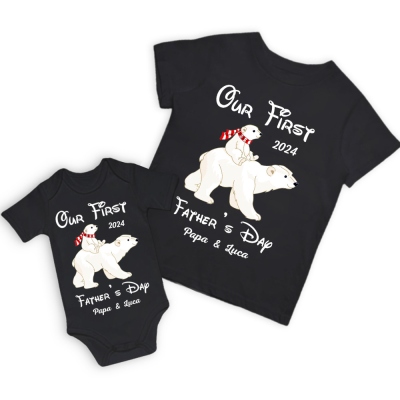 Custom Polar BearT-Shirt&Baby Rompers, Our First Father's Day Shirt, Family Gift, Cotton Matching Shirt, Father's Day Gift, Gift for Dad/Baby