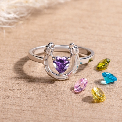 Personalized Lucky Horseshoe Ring with Gemstone, Custom Heart Birthstone Pendant Jewelry, Birthday/Mother's Day Gift for Mom/Daughter/Horse Lover