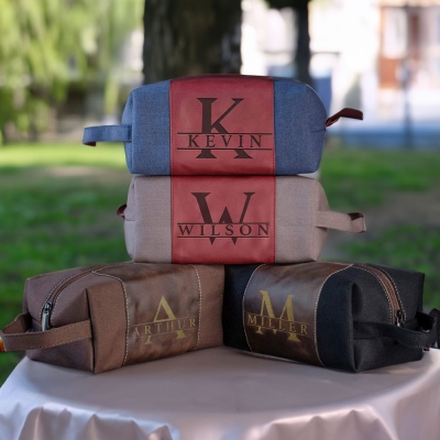Personalized Name & Initial Toiletry Bag for Men, Custom Canvas Leather Travel Toiletry Bag, Shaving Kit Bag, Gift for Groomsmen/Dad/Boyfriend