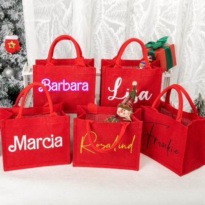 Personalized Red Burlap Christmas Gift Bags with Name, Christmas Party Bag, Holiday Gift Bag, Christmas Gift for Friends/Family