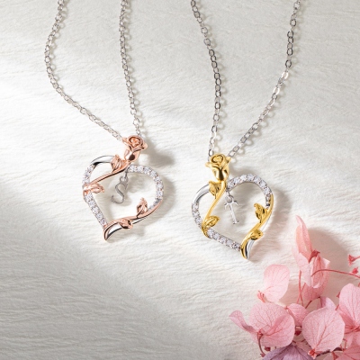 Custom Initial Rose Heart Glitter Necklace, Dainty Letter Floral Silver Jewelry, Mother's Day/Valentine's Day/Birthday Gift for Mom/Girlfriend/Wife