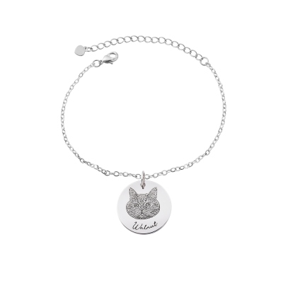Personalized Name Pet Portrait Engraved Bracelet, Sterling Silver Small Disc Bangle, Pet Memorial Jewelry, Birthday Gift for Pet Lover/Dog Mom/Cat Mom